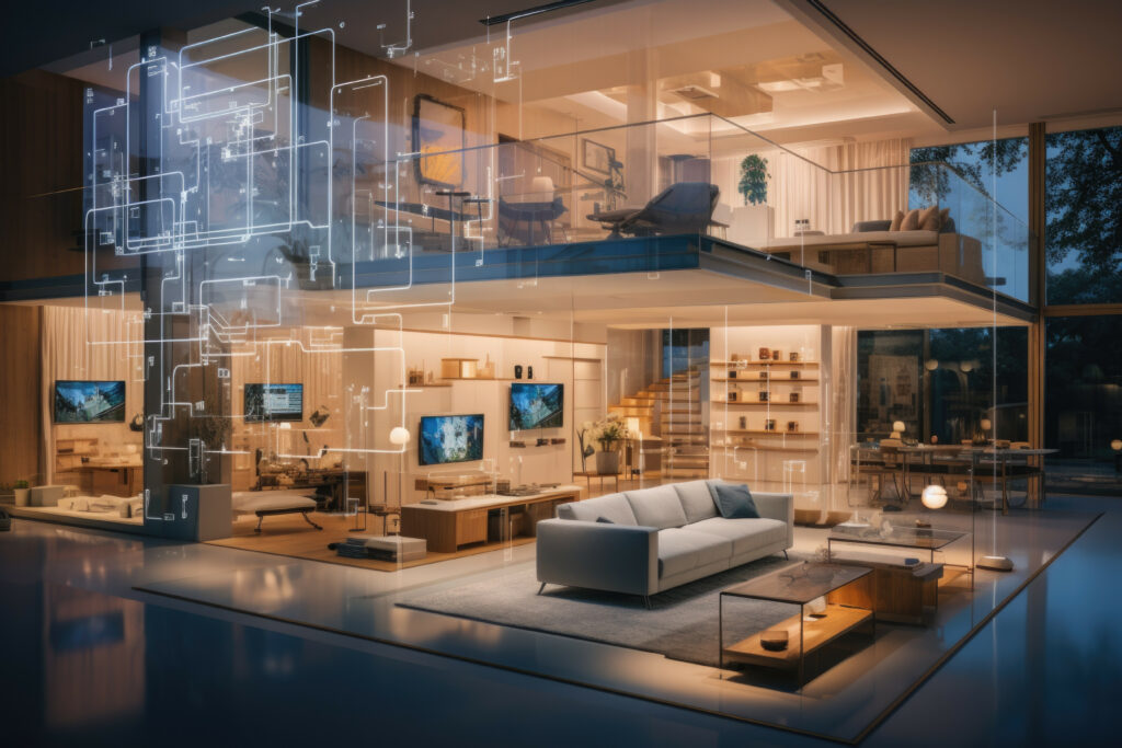 Smart Home Setup: A Living Room Equipped With The Latest Smart Home Technology, Including Voice Controlled Devices And Automated Lighting. Generative Ai